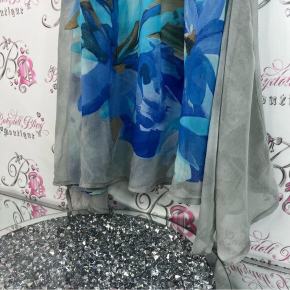 Strada fashion dress cinched flowy flowers smocked Gray and Blue High Low Dress - Picture 3 of 8